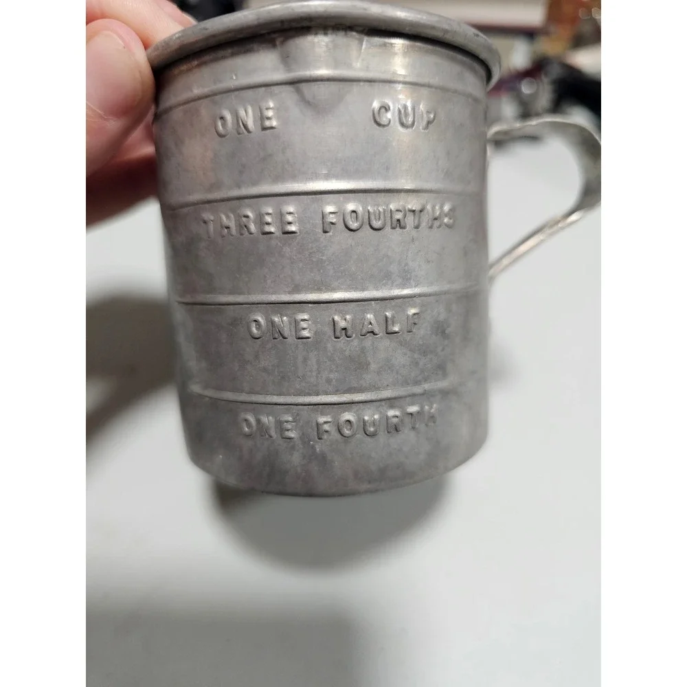 Vintage Aluminum 1 Cup Measuring Cup Embossed Markings Primitive Kitchenware